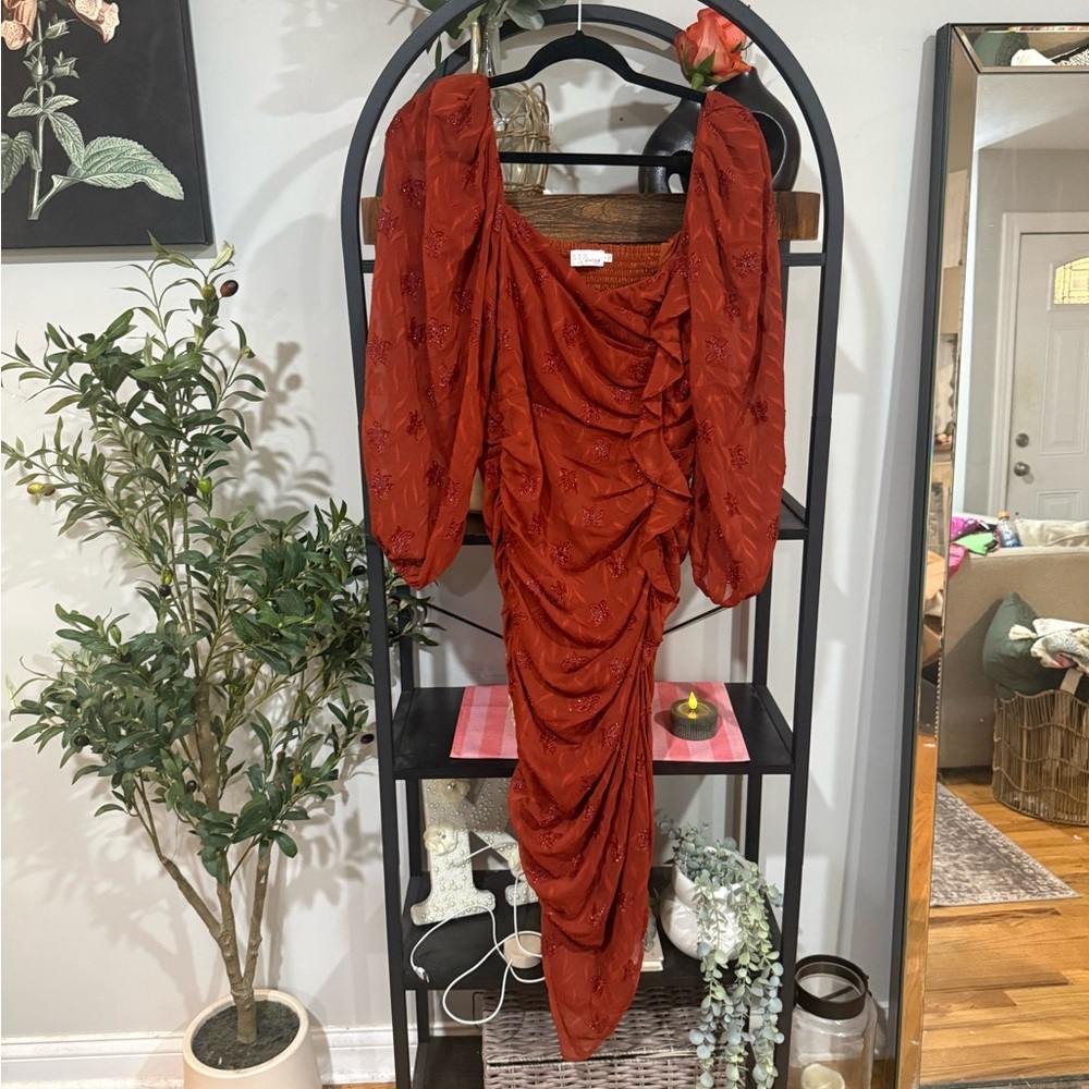 ASTR The Label Rust Floral Ruched Midi Dress | Long Sleeve | Size S